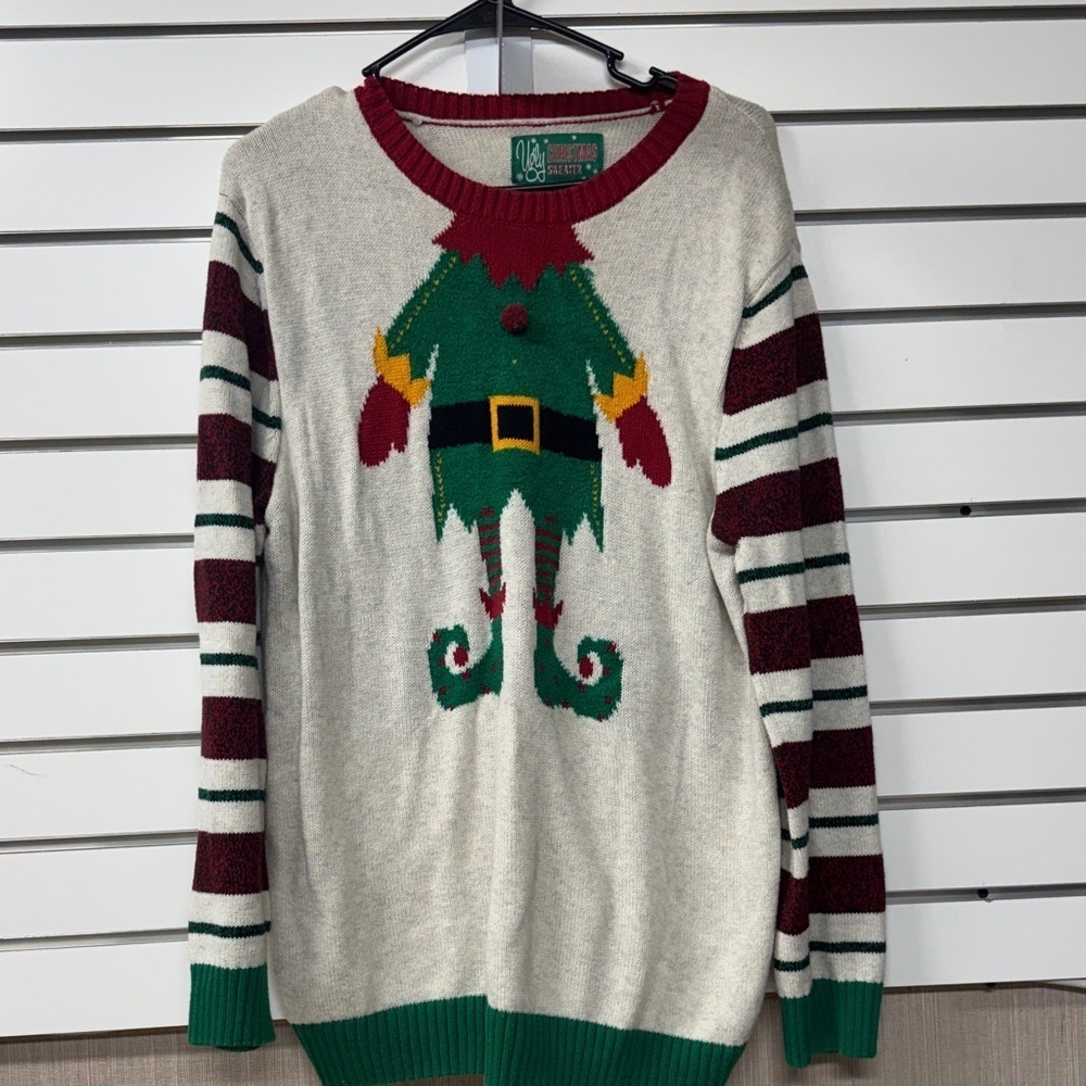 Ugly Christmas Sweater Elf Design size large Cream, Red, and Green